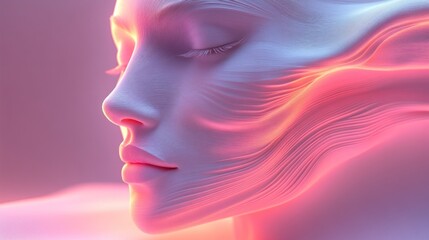Serene face with flowing lines, abstract backdrop, visual for conceptual ideas