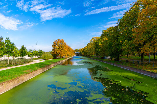 Canal de la De&ucirc;le, with the leaves of the trees turning yellow in the fall.  In the background, you can see the Napoleon Bridge. Lille, France