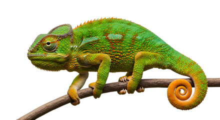 Obraz premium A chameleon perched on an invisible branch, its textured skin shifting from green to orange, set against a plain white backdrop