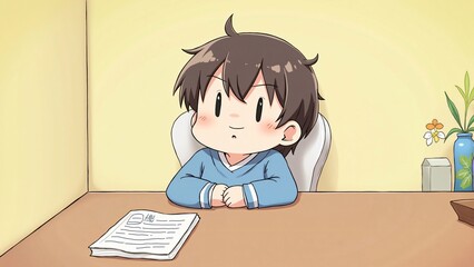 Pensive Young Boy Reviewing Documents at Desk