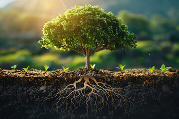 a leadership development concept with a tree representing skills, vision, and growth as its roots, offering space for text