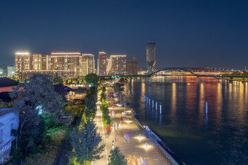 Panoramic view to city center of Belgrade, Serbia illuminated at night