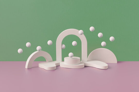 White geometric elements and levitating spheres in studio