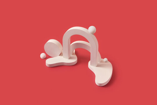Abstract art composition with white sculptural forms on red background