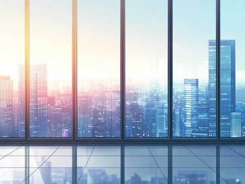 Modern office with panoramic city view at sunrise.