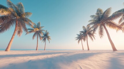 Serene Beach Scene with Palm Trees Under Clear Blue Sky