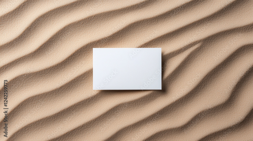 Poster blank card resting on textured sand, showcasing gentle waves and shadows. interplay of light and tex