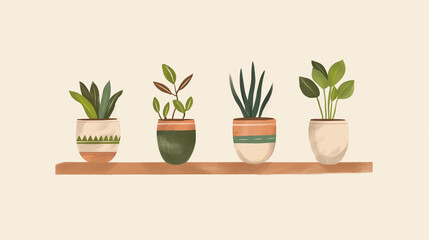 Obraz premium Artistic illustration of four potted houseplants on shelf in earthy tones