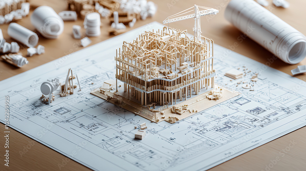 Aufkleber detailed architectural model of building under construction, showcasing intricate design elements and construction tools scattered around blueprints. scene conveys creativity and precision