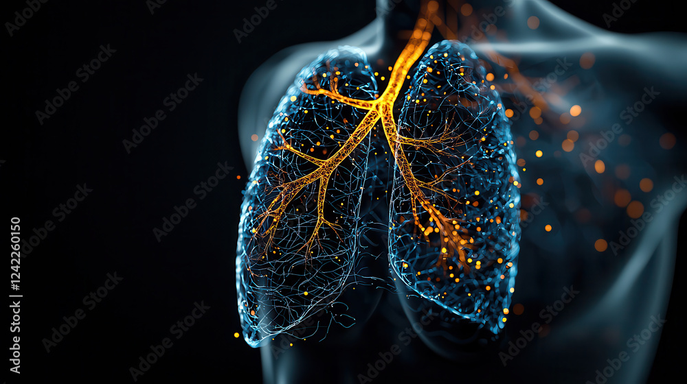 Poster digital 3d illustration of human lung system showcasing intricate details and glowing pathways, repr