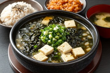 Delicious seaweed tofu soup meal
