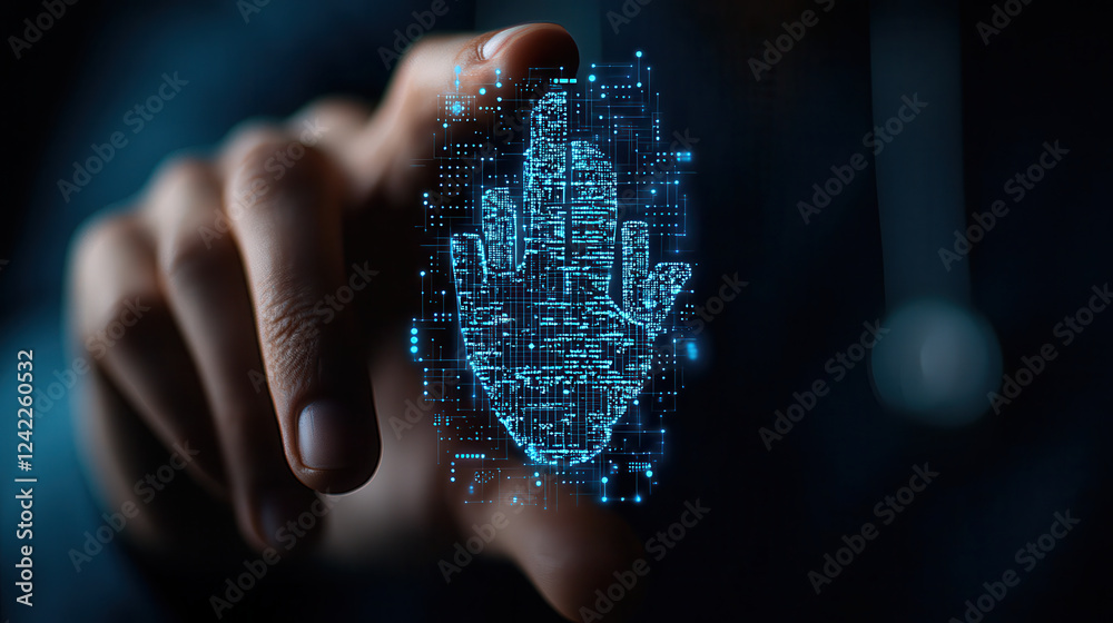 Leinwandbilder person interacting with digital holographic interface, showcasing hand gesture. hologram displays in