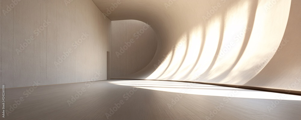 Poster sunlight bathes an empty room with curved walls
