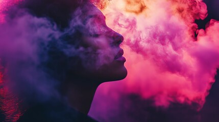 Abstract profile of a woman, with smoke and vibrant color. Concept of inner world, dreams, imagination and creativity.