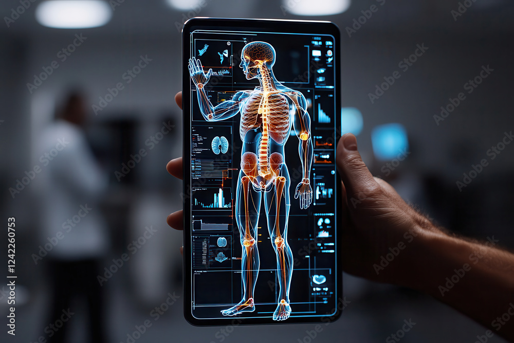 Poster digital twin of human body displayed on tablet, showcasing anatomical details and health data in modern medical environment