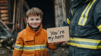 World Compliment Day concept. Child Gifting Handmade Thank You Card to Firefighter Hero