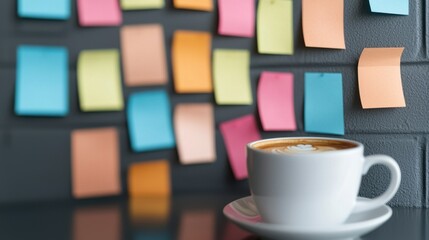 World Compliment Day concept. Colorful Sticky Note Wall in Coffee Shop Setting - obrazy, fototapety, plakaty