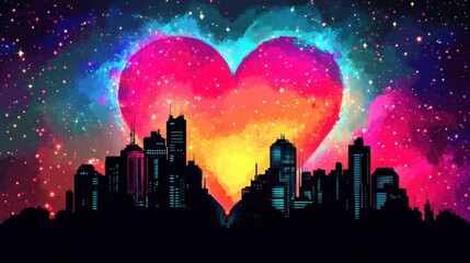 City Skyline Heart Shaped Cosmic Night Sky