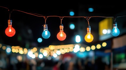 Colorful String Lights Illuminating Night Market Ambiance