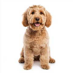 Friendly dog sits proudly with a joyful expression against a plain background indoors