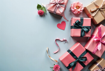 Pastel pink and gold gift boxes with dark ribbons, pink roses, and a heart on a light blue background. A festive Valentines Day or romantic gift arrangement.