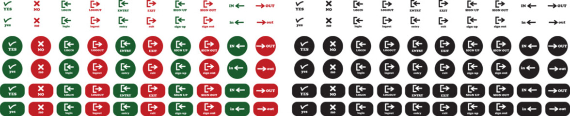 Login and logout icon set Set of sign out, Sign in vector vector collection. Open and close door symbol. Black in, out, exit and enter arrow, trendy flat style isolated on transparent background.