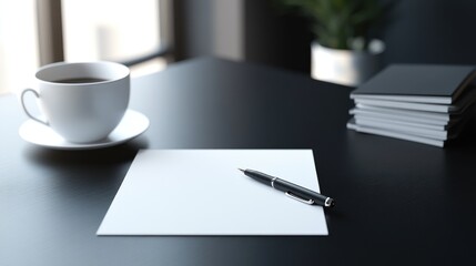 Blank paper, pen, coffee, books, office desk, workday
