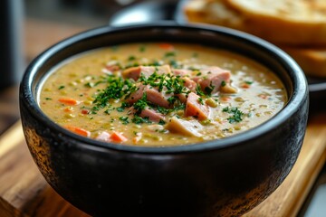 Creamy Split Pea Soup, Ham, Parsley. Restaurant Food