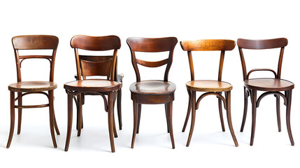 Five wooden chairs are lined up next to each other