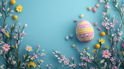 Pastel Easter composition with decorated eggs arranged artistically against a soft blue background, creating a festive springtime aesthetic