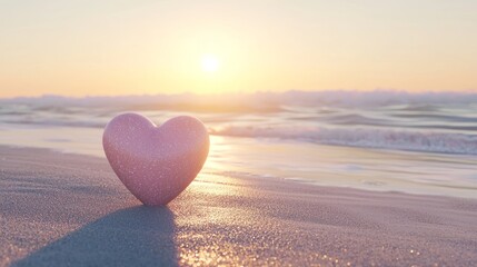Fototapeta premium Heart Shaped Stone on Sandy Beach at Sunset with Calm Waves