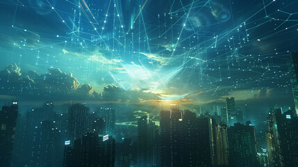 Digital network connections over a modern city skyline under a glowing sky