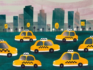 Yellow taxis drive through a city park with skyline in background