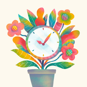 Colorful clock plant artwork featuring flowers and greenery