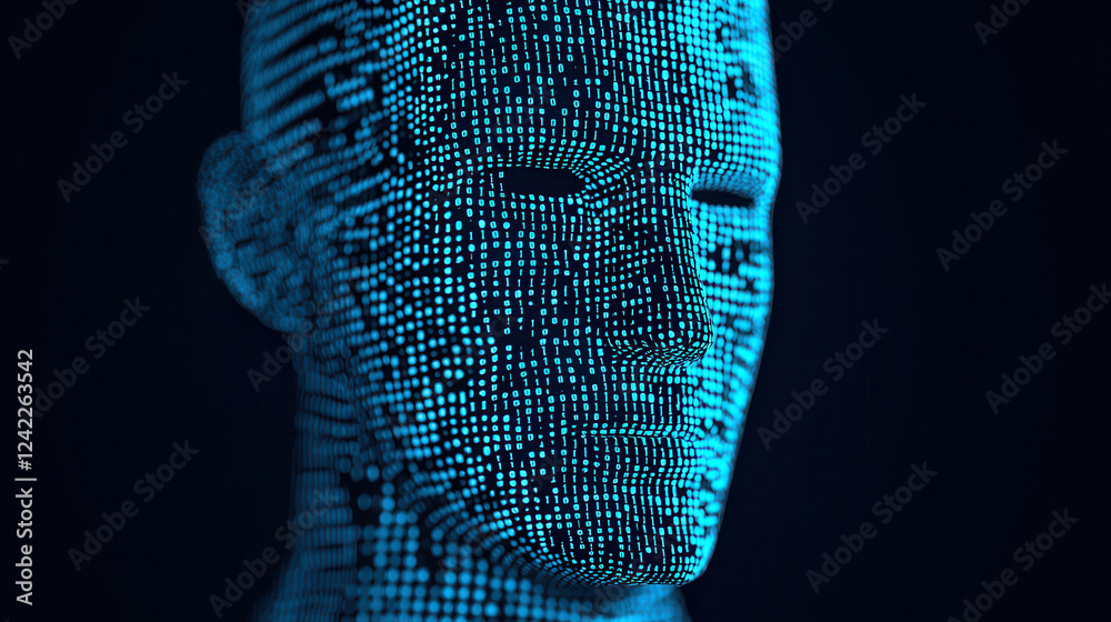 Poster digital representation of humanoid figure made of glowing data points, symbolizing artificial intelligence and technology