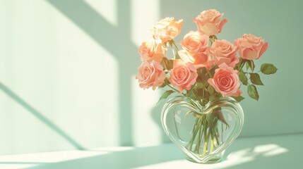 Fototapeta premium Heart-Shaped Glass Vase with Pink Roses in Soft Light