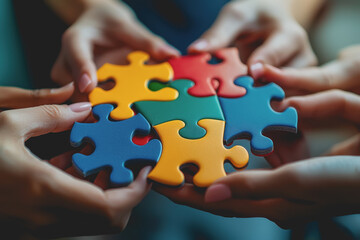 Hands holding colorful puzzle pieces together in a collaborative effort to solve a challenge or problem