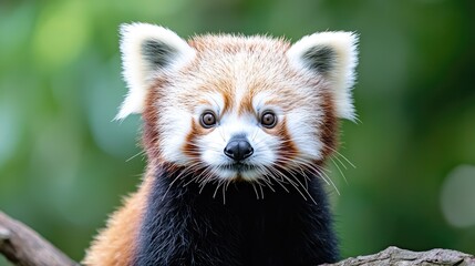 Fototapeta premium Curious red panda looks directly at the camera while resting on a tree branch in a lush green forest during the day.