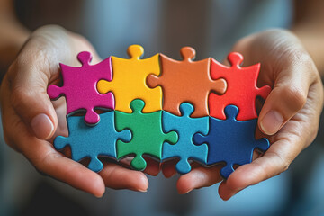 Hands holding colorful puzzle pieces for collaborative problem solving in team building activities and educational settings