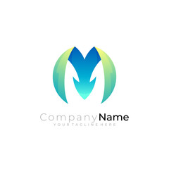 Letter M logo with arrow design combination, blue color