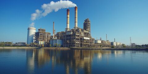 Industrial power plant emission monitoring riverbank aerial view urban environment environmental impact awareness
