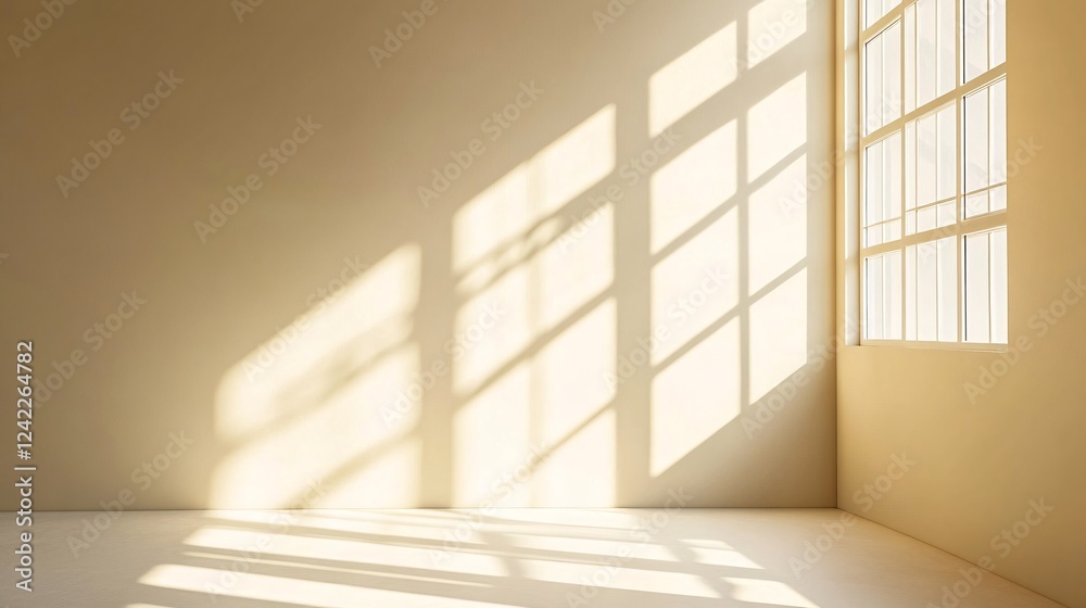 Poster Sunlight is casting geometric shadows from a large window in an empty room
