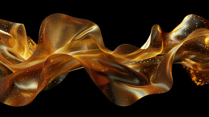 Flowing golden silk fabric wave with shimmering texture on a black background