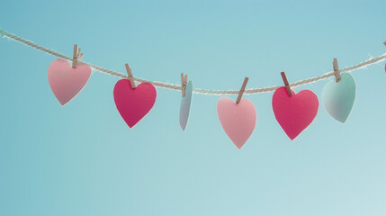Handmade hanging gradient pink heart decorations on a string against soft blue sky