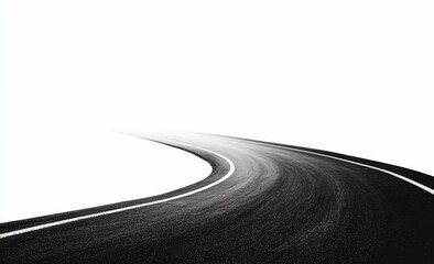 Winding asphalt road disappearing into bright white background.