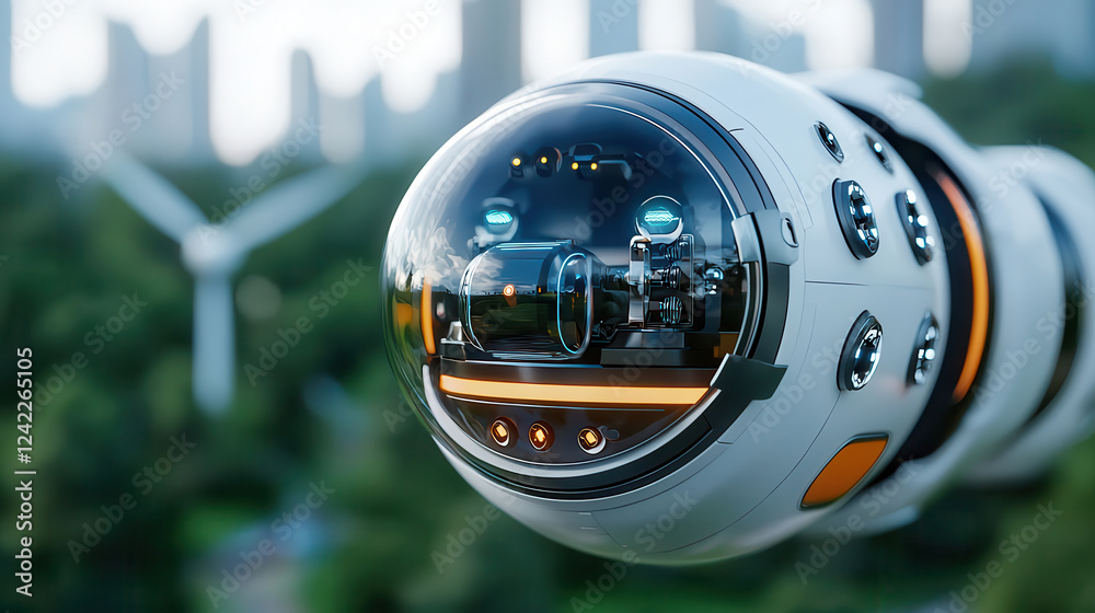 Poster futuristic robotic device with advanced technology in green cityscape, showcasing innovation and sus