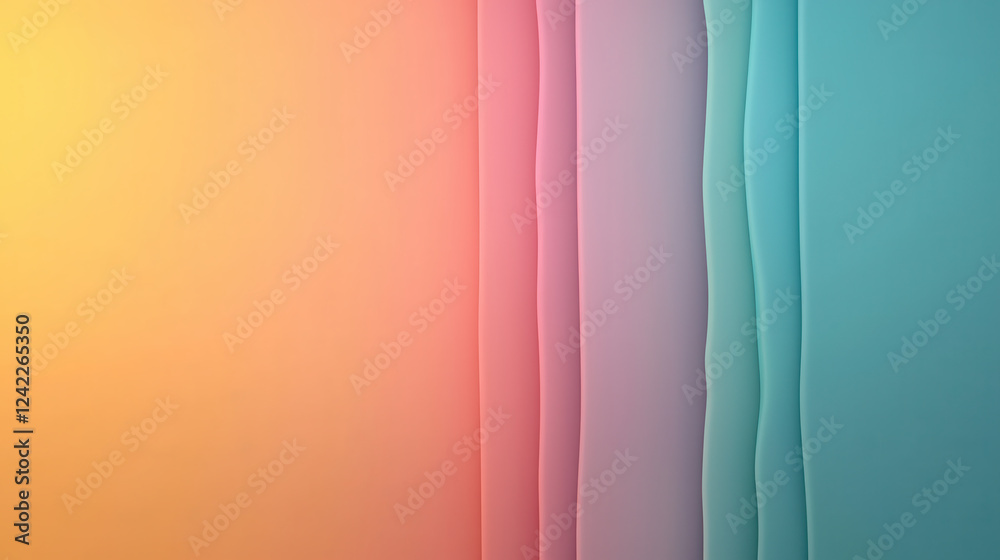 Poster Luminous and airy pastel gradient background with soft waves. This vibrant design features warm and cool tones blending harmoniously, creating soothing visual experience