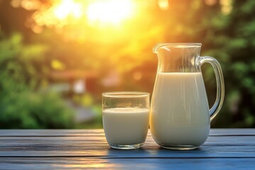 Fresh Milk in Glass and Pitcher with Sunset Background and Natural Green Environment