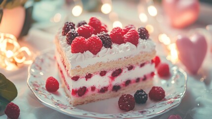 Heart-Shaped Cake with Raspberries and Cream in Romantic Setting