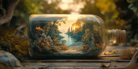 Fototapeta premium Enchanting nature scene in a glass jar tranquil garden landscape photography serene environment close up environmental beauty